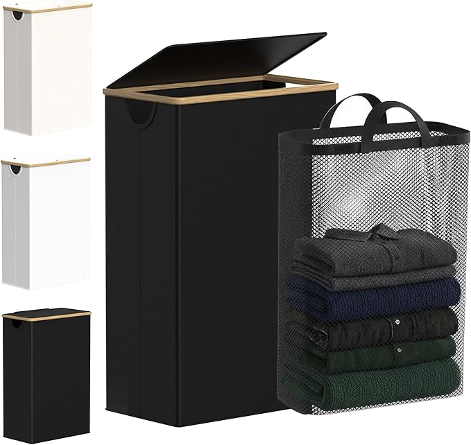efluky Slim Laundry Basket with Lid, Narrow Laundry Hamper with Removable Bag, Skinny Dirty Clothes Basket with Bamboo Handles for Bathroom, Bedroom & Laundry Room, 75L Black by efluky