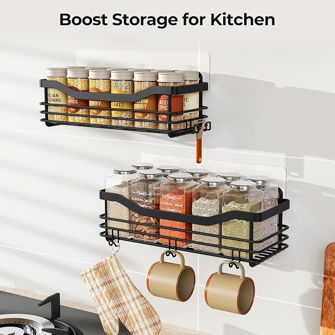 Orimade Adhesive Shower Caddy Shelf with 5 Hooks Organizer Storage Rack Rust Resistant Wall Mounted Stainless Steel No Drilling for Bathroom, Toilet, Kitchen - 2 Pack,Black - Image 2