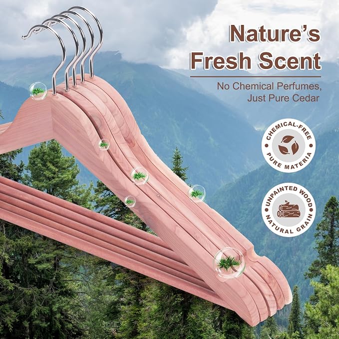 HOUSE DAY Cedar Hangers for Closet 30 Pack, Smooth Cedar Wood Hangers with Rings, 360° Swivel Hook, U-Shape Notched, Non Slip Pant Bar, Sturdy Wooden Clothes Hanger for Coats, Dresses, Suits - Image 8