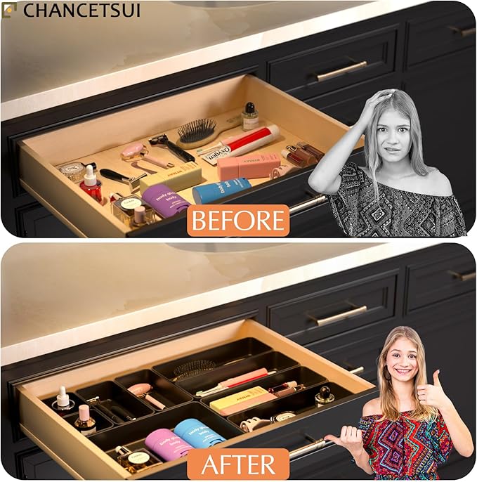 9 Pcs Stackable Drawer Organizer Trays Set, Multifunctional Stackable Storage Trays for Vanity, Bathroom, Kitchen, Desk Drawer Organizer Office. Plastic Drawer Organizers Available In 5 Colours, Black - Image 6
