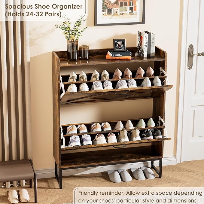 Nicetree Shoe Cabinet Organizer with 2 Flip Drawers, Freestanding Narrow Rack with Metal Legs, Farmhouse Slim Shoe Storage for Entryway, Foyer, Hallway, Rustic Brown - Image 5