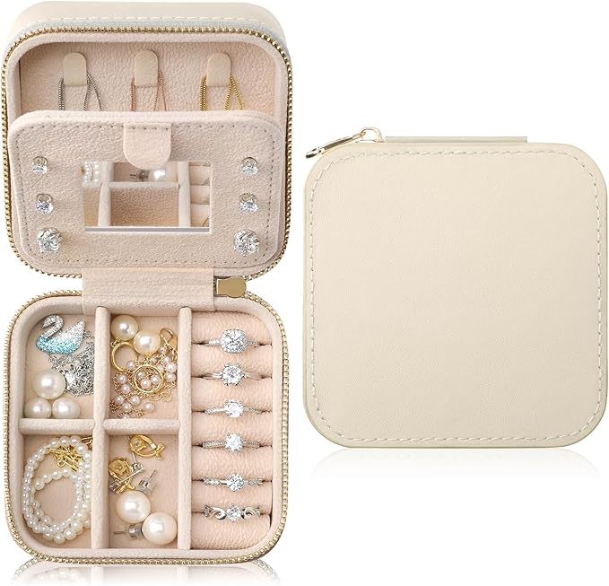 Genuine Leather Travel Jewelry Case Organizer with Mirror for Women, Small Jewelry Box Portable Mini Jewelry Case for Earring, Ring, Necklace, Bracelet(Beige) by NGVRC