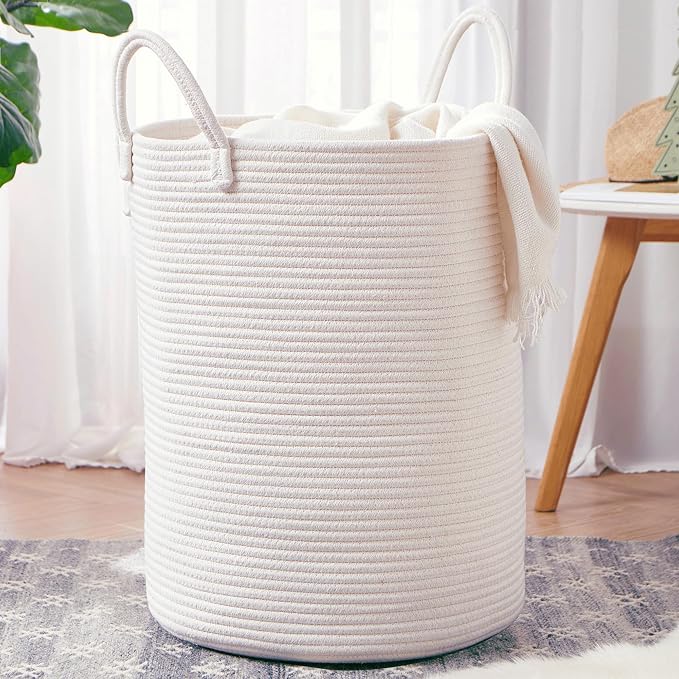 80L Extra Large White Hamper Tall Woven Laundry Basket Cotton Rope Blanket Basket for Living Room Clothes Hamper in Bedroom 16"L x 16"W x 22"H by MOJOSCEND