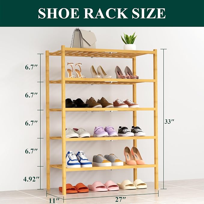 Smiry Shoe Rack, 5 Tier Thick Bamboo Shoe Organizer, Stackable Free Standing Wooden Shoe Storage Shelf for Closet, Entryway, Front Door Entrance, Natural - Image 2