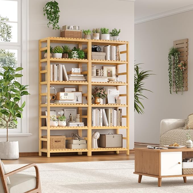 FOTOSOK 6-Tier Bamboo Shelf Set of 2, Bamboo Bookcase with Adjustable Shelves, Free Standing Storage Shelf Unit and Plant Flower Stand, Tall Large Bookshelf for Kitchen, Bathroom, Home Office, Natural - Image 2