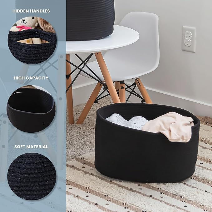 OrganiHaus Cotton Rope Basket for Shelf - Woven Storage Basket for Organizing, Closet & Toy Storage - Black - 15x9x10 - Image 3