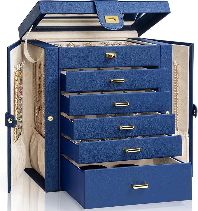 AKOZLIN Large Jewelry Box Organizer Functional with Big Mirror, Leather Jewelry Storage Case for Women Girls Ring Necklace Earring Bracelet Holder Organizer Blue by AKOZLIN