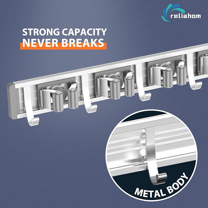 reliahom Adjustable Broom Holder Wall Mount, Mop Storage Tool Racks, Broom Hanger Tool Organizer for Garage, Kitchen, Garden, Laundry Room, 4 Racks 5 Hooks Silver - Image 2