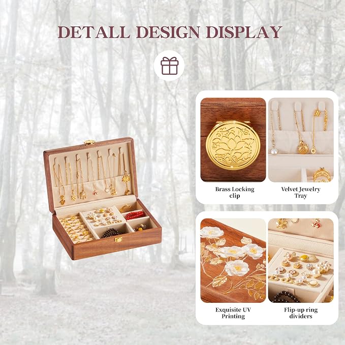 Travel Jewelry Case Small Wood Jewelry Organizer Jewelry Box for Women (Nut-Brown Print A) - Image 3