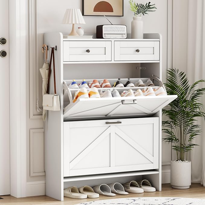 Shoe Cabinet with 2 Flip Drawers & 2 Top Drawers, 43" Tall Freestanding Narrow Wooden Shoe Storage Organizer for Entryway, Hidden Slim Shoe Rack for Front Door Entrance, Hallway, Living Room, White by Xixini