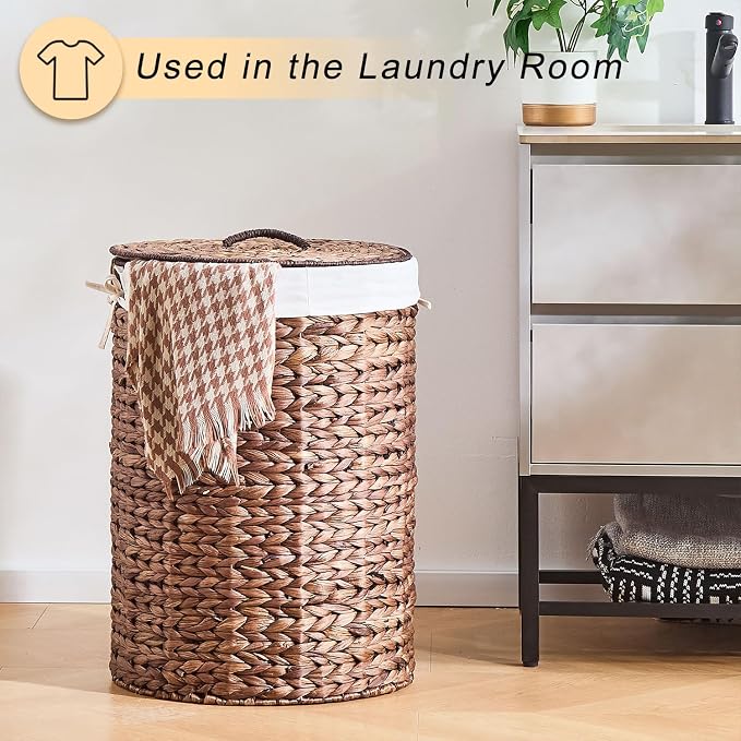 Round Water Hyacinth Laundry Hamper with Lid Handwoven Wicker Basket with Handles for Dirty Clothes, Storage, and Organization Ideal for Bedroom, Bathroom, and Laundry Room, No Assembly Required, 90L - Image 4