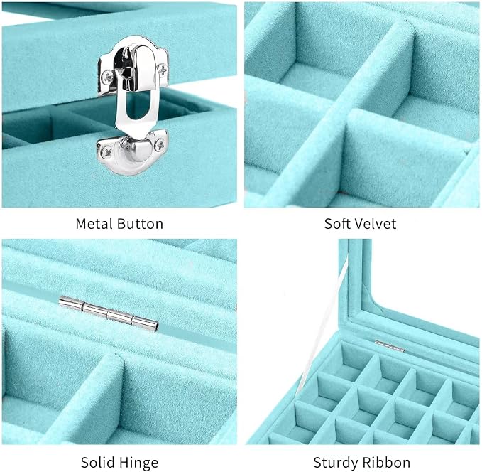 Velvet Jewelry Box 24 Grid Jewelry Earrings Display Organiser Box Ring Tray Holder Earrings Storage Case for Girls Women Wife Mom (Light blue) - Image 4