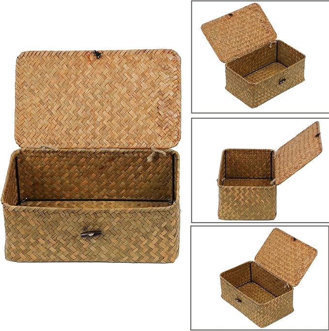 Wicker Basket with Lid, Natural Seagrass Storage Baskets for Organizing, Woven Basket for Storage, Decorative Boxes Bins with Lids Home Organizer Decor (‎Natural, Small) - Image 6