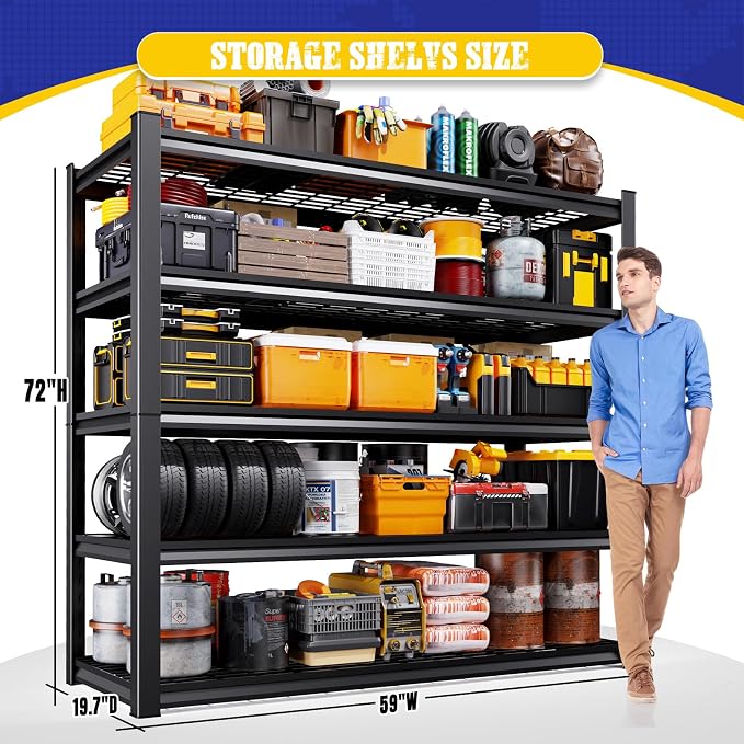 72" H Heavy Duty Garage Shelving 5-Tier Storage Shelves, Adjustable Metal Shelving Unit, Utility Garage Organizer Shelf for Basement, Pantry, Warehouse, Supermarket, 59" W x 19.7" D x 72" H - Image 3