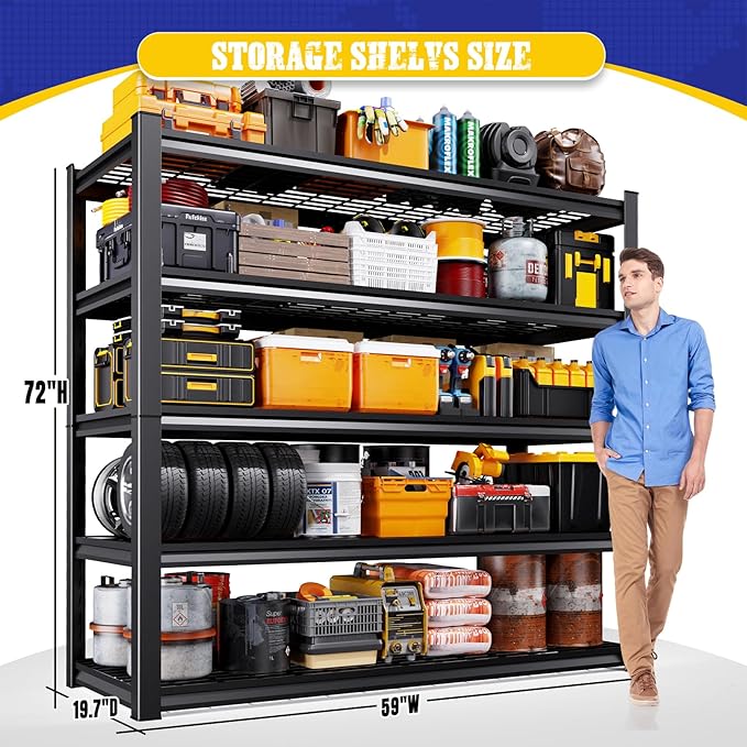 Set of 2 Heavy Duty Garage Shelving 5-Tier Storage Shelves, Adjustable Metal Shelving Unit, Utility Garage Organizer Shelf for Basement, Pantry, Warehouse, Supermarket, 59" W x 19.7" D x 72" H - Image 3