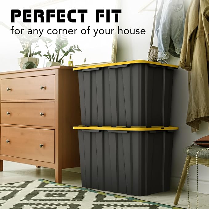4 PACK X-Large Black & Yellow Storage Bins | Plastic Tote Organizing Container with Secure Latching Lids, Stackable, Extra Strength with Built in Handle | Black and Yellow Bins | 24.5" x 16.5" x 16.6" - Image 6