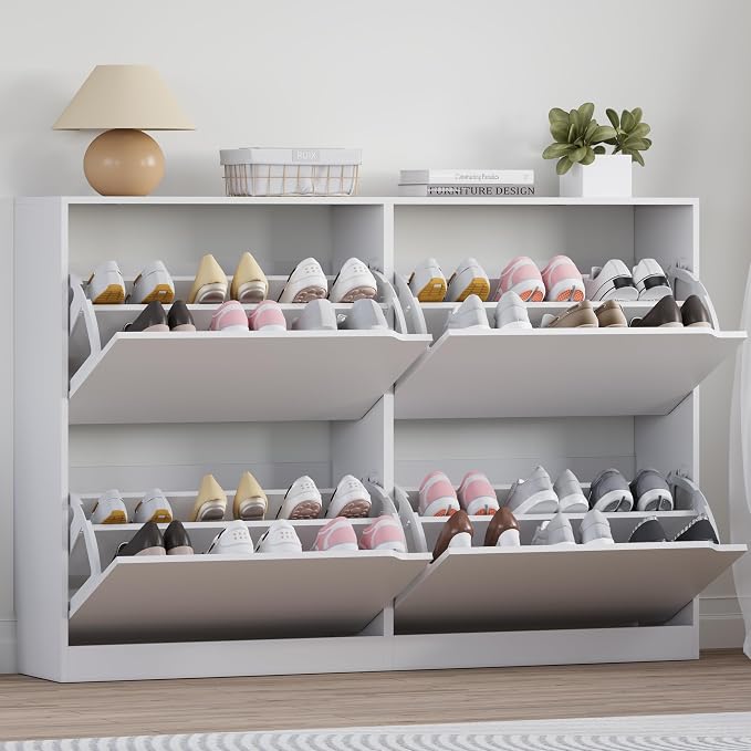 BORNOON Shoe Cabinet with 4 Flip Drawers, Narrow Hidden Shoe Storage Cabinet, Slim Freestanding Shoe Rack Organizer for Entryway, Hallway, Bedroom, Living Room by BORNOON