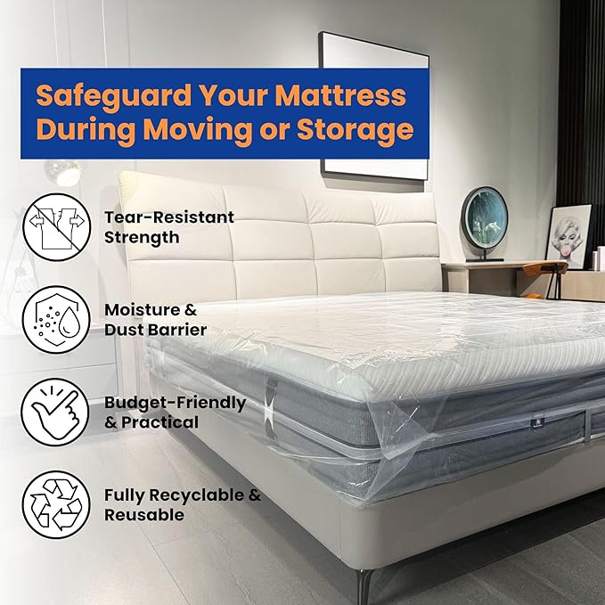 VicMore King Size Mattress Protector - 1.5mil Plastic Mattress Protector for Moving, Storage & Disposal - Tear-Resistant & Waterproof Mattress Cover - Transparent, Easy Fit Mattress Pad Cover