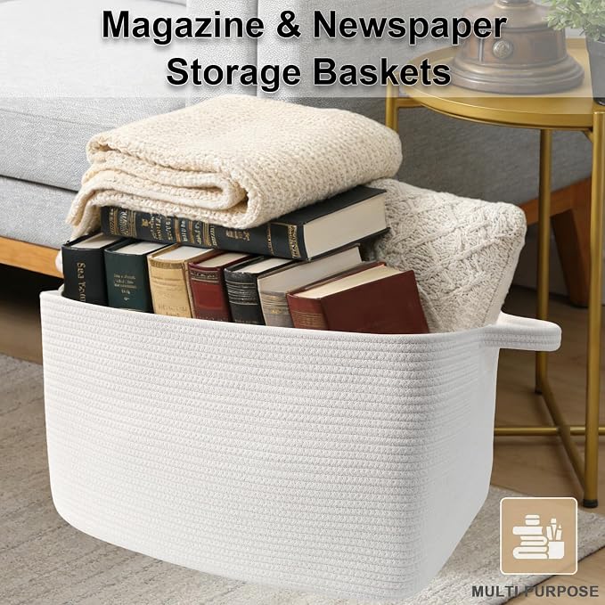 96L Large Blanket Basket,24"x16"x15"Rectangle Storage Bin with Handles,Woven Rope Laundry Basket for Toys, Clothes,Magazines,Home Organization,Nursery,Living Room & Bedroom,White - Image 5