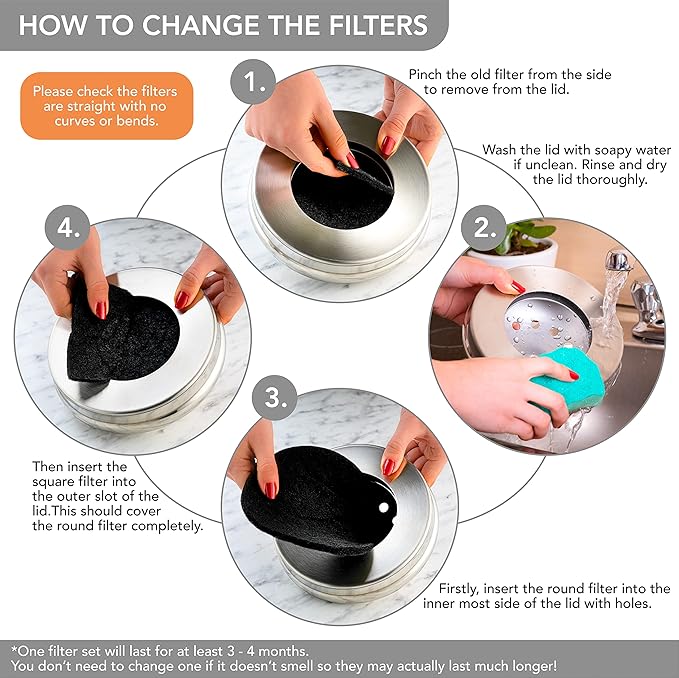 RED FACTOR Premium Compost Bin for Kitchen Countertop - Stainless Steel Food Waste Bucket with Innovative Dual Filter Technology - Includes Spare Filters (Brilliant Steel, 1.3 Gallon) - Image 7