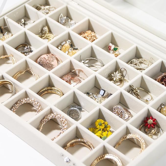 Coward Ring Earring Jewelry Organizer Box, 35 Grids Dustproof Display Holder Case, Beige Velvet Jewelry Bead Display Tray Case with Transparent Glass Lid for Momen Girls - Image 2