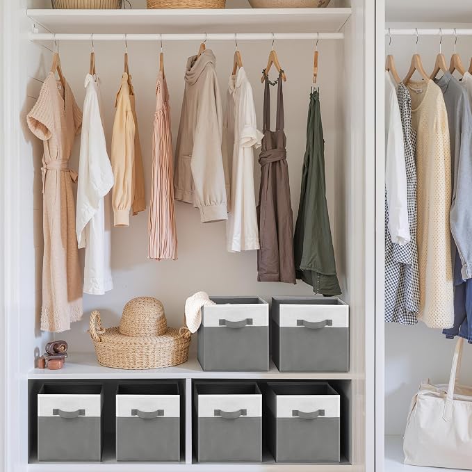 Cupic Cupid 11 Inch Storage Cube, Fabric Cube Storage Bin with Handles, Storage Cube Organizer for Clothes and Toys, Collapsible Cube Bins for Closet, Shelves, Nursery, 6-Pack, Gray and White - Image 2