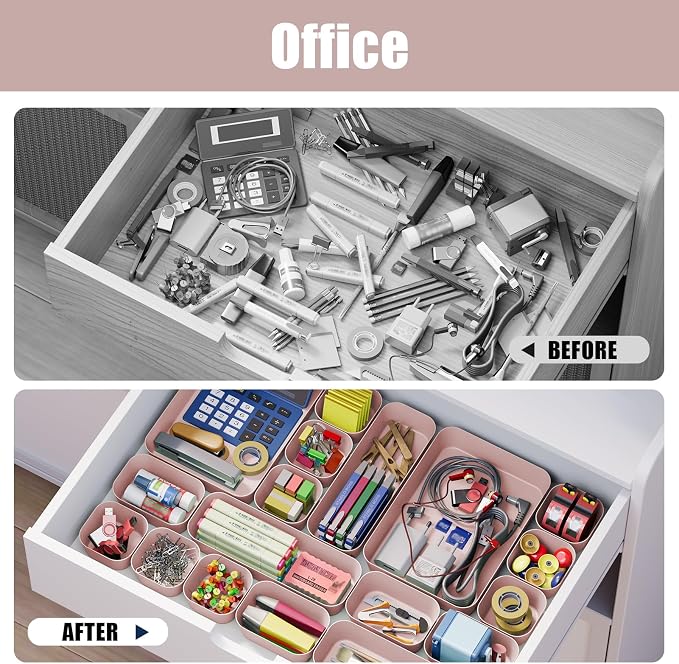 Plastic Drawer Organizers, 18 PCS Bathroom Drawer Organizer Bins, Desk and Vanity Organizer Plastic Tray, Makeup organizer and storage for Bedroom, Kitchen Gadgets Utensils and Office (Pink) - Image 6