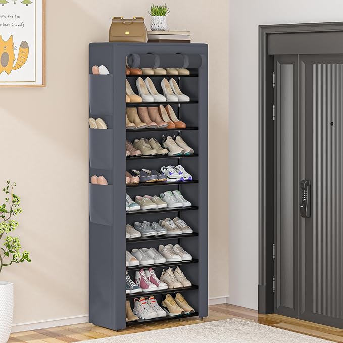 OYREL Shoes Rack 10 Tier Tall Shoe Rack with Storage Pockets, Fabric Covered Shoe Racks,Metal Shoes Rack Organizer for Closets,Bedroom, Garage - Image 2