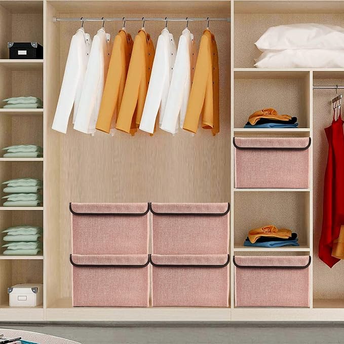 Bagnizer Linen Fabric Foldable Storage Cube Bin Organizer Basket with Flip-Top Lid & Handles, Large Clothes Blanket Box for Home, Office, Closet, Pink, 4 Pack 14.6 x 9.5 x 9.5” - Image 5