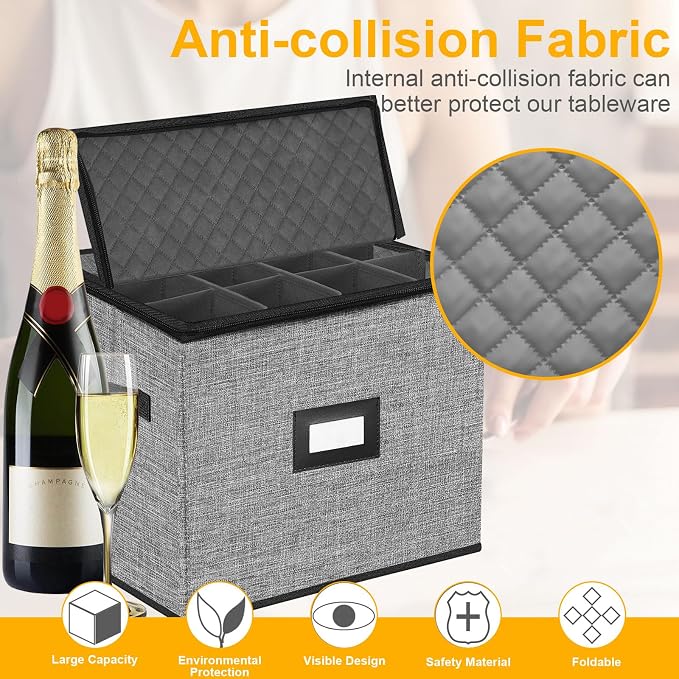 Champagne Flute Storage Box,Quilted Stemware Storage Box Hard Shell,Stackable Champagne Glass Container,Wine Glass, Crystal Glassware, Drinkware Case for Moving Transport(Grey) - Image 2