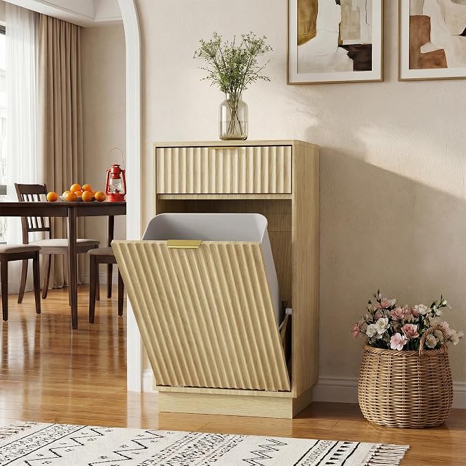 Tilt-Out Trash Cabinet with 10-Gallon Capacity, Walnut Laundry Hamper Cabinet, 34.3 x 19 x 13.8 inches, Wave-Textured Front. - Image 7