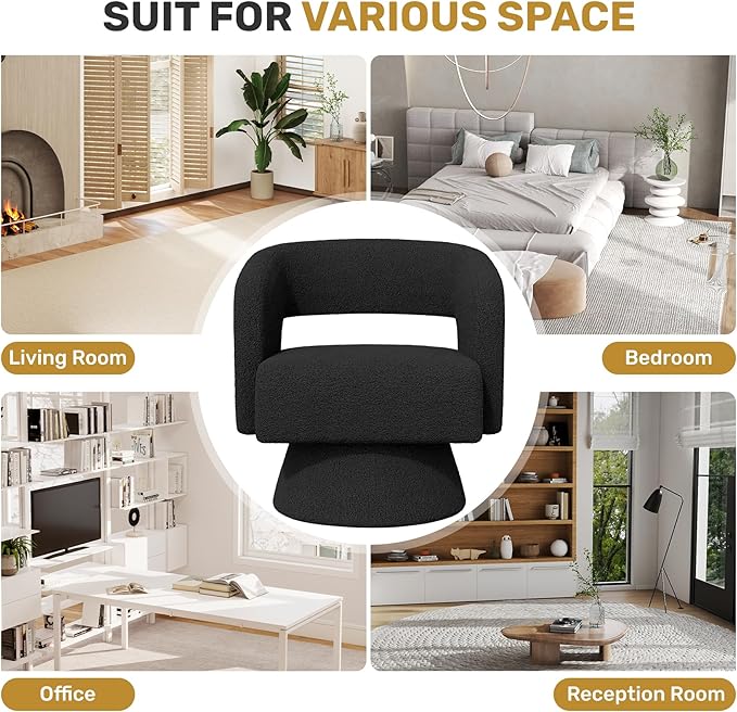 Nebuaegis Swivel Accent Chair, Modern Comfy Teddy Barrel Chairs, Oversized Upholstered Round Arm Chair for Living Room, Bedroom, Reading Room, Black, 1 PCS