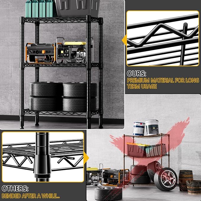 M MZG 750 lbs 3 Tier Shelf Metal Storage Shelves Shelving Wire Rack Heavy Duty Closet Organizers for Garage Kitchen Bathroom Laundry Black 13.8" D x 23.6" W x 35.5" H - Image 6