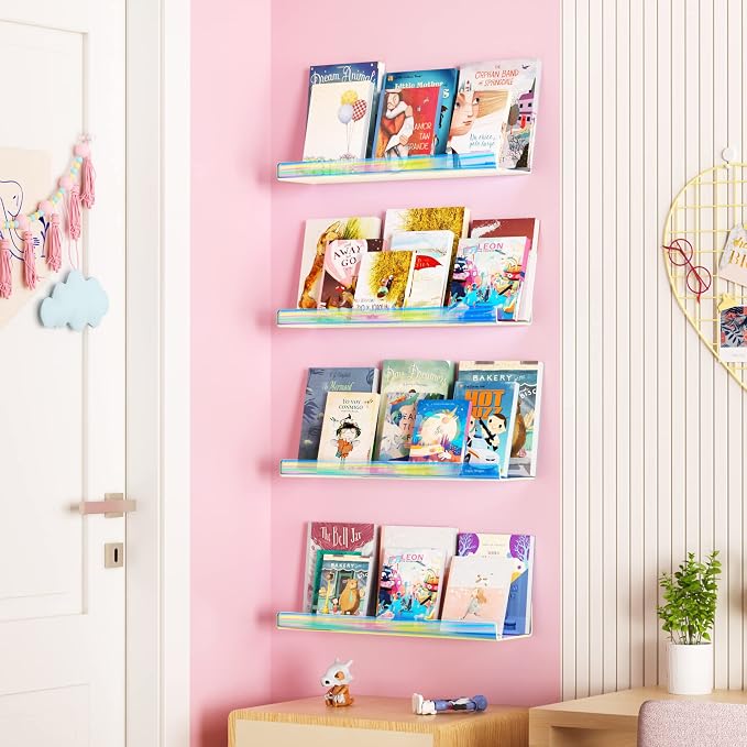upsimples Acrylic Shelves for Wall Decor, 15" Display Shelf for Perfume, Skincare, Nail Polish, Wall Organizer for Bathroom, Bedroom, Living Room, Playroom, Kids Bookshelf, Iridescent, 2 Pack - Image 2