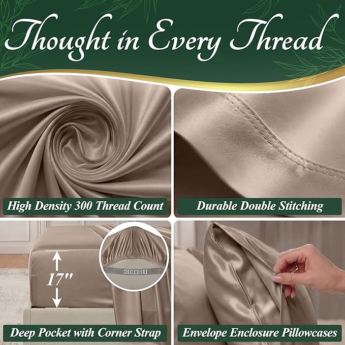 DECOLURE 100% Viscose Derived from Bamboo Sheets Queen Size - Luxury 6 Pc Naturally Cooling Sheets, Ultra Soft Bed Set - Deep 17" Pockets, Durable Double Stitching, Oeko Tex Standard (Taupe)