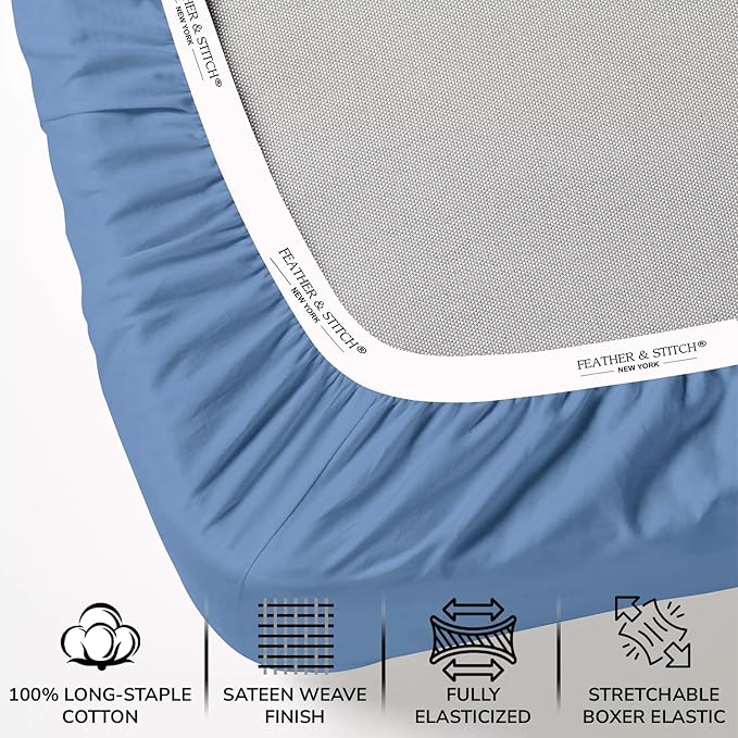 Feather & Stitch 500 TC Split King Size 5pc Damask Bed Sheet Set,100% Soft Cotton Breathable Bedsheets, 18" Deep Pockets Sateen Weave Solid Bedding Mattress - (Mist Blue)