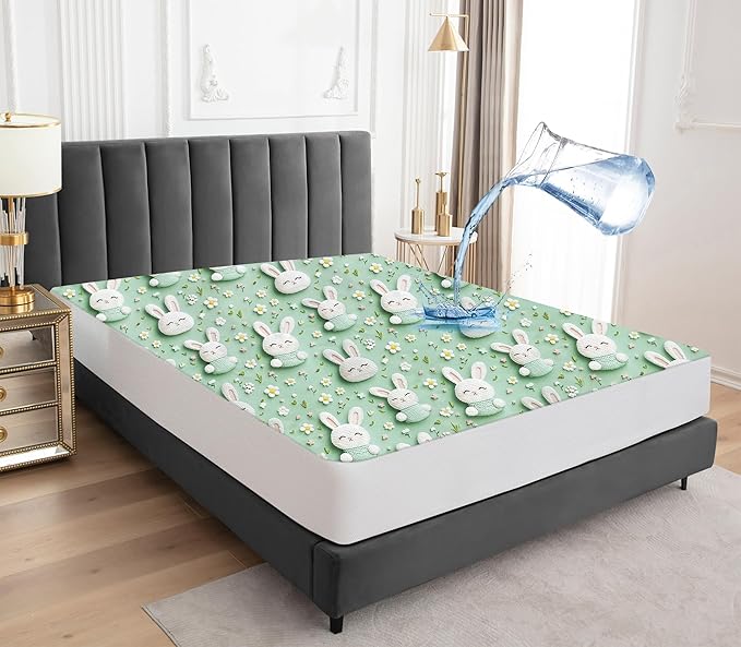 Sufdari Queen Mattress Protector,Waterproof Mattress Protector,Fitted Sheet Style Mattress Cover with 18" Deep Pocket,Washable and Comfortable-Rabbit,Queen