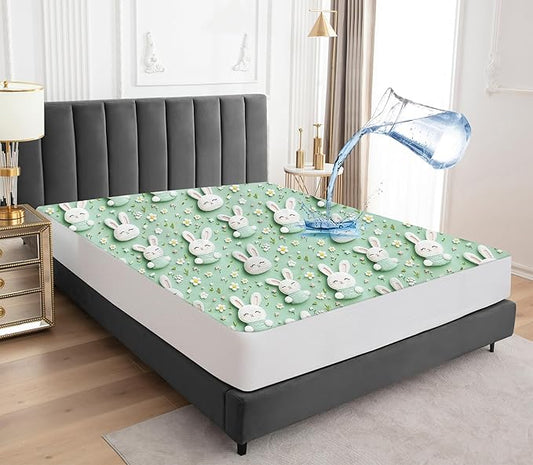 Sufdari Queen Mattress Protector,Waterproof Mattress Protector,Fitted Sheet Style Mattress Cover with 18" Deep Pocket,Washable and Comfortable-Rabbit,Queen