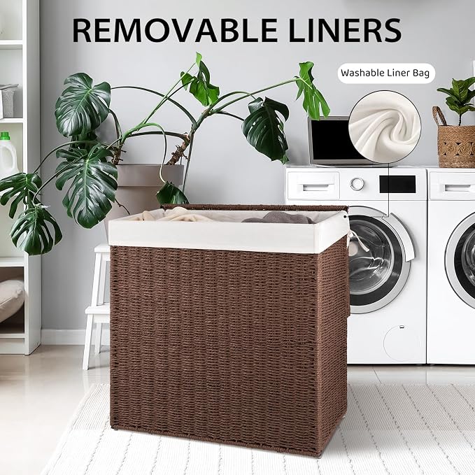OIAHOMY Laundry Hamper with Lid, 110L(29.1 Gal) Large Wicker Laundry Basket for Bedroom, Handwoven Paper Rope Clothes Hamper with Washable Liner & Metal Frame, Decorative organizer for Bathroom Brown - Image 6