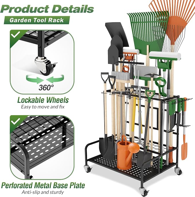 Garden Tool Organizer Rack with Wheels Up to 39 Tools, Heavy-Duty Steel Yard Tool Organizer for Garage Storage with 12 Hooks, Broom Holder & Garden Tool Rack for Shed, Patio, Outdoor Use, Black - Image 6
