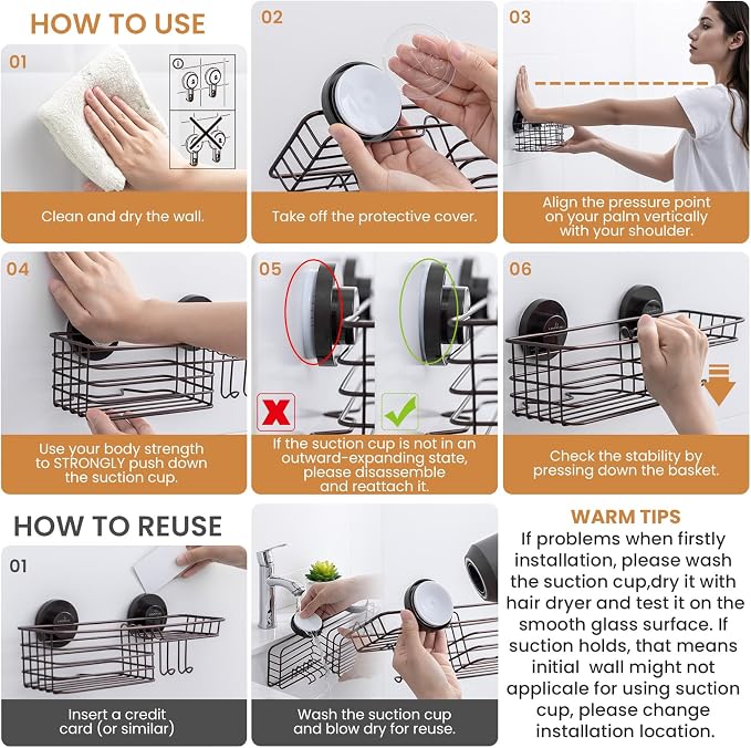 LEVERLOC Shower Caddy Suction Cup, 2 Pack Shelves for Inside with Hooks and Soap Organizer, NO-Drilling Bathroom Holder, Rustproof Meatl Bathroom Basket, Brown - Image 6