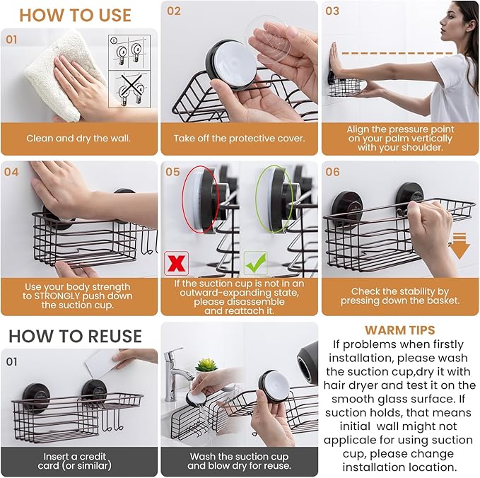 LEVERLOC Shower Caddy Suction Cup, Heavy Duty Bathroom Organizer for Inside Shower with Hooks & Soap Holder， NO-Drilling Bathroom Holder-Brown - Image 7
