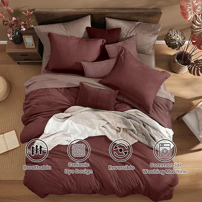 Monbix California King Comforter Set - 7 Pieces Cationic Dyeing Dark Red Bed in a Bag Cal King Bedding Sets with Comforter, Sheets, Pillowcases & Shams, Reversible Bedding Comforters Sets