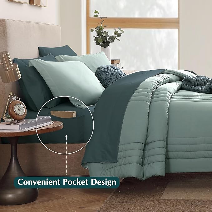 Monbix Oversized King Size Comforter Set - 7 Pieces Sage Green Bed in a Bag Oversized King Bedding Sets with Comforters, All Seasons Comforter Bed Set with Sheets, Pillowcases & Shams