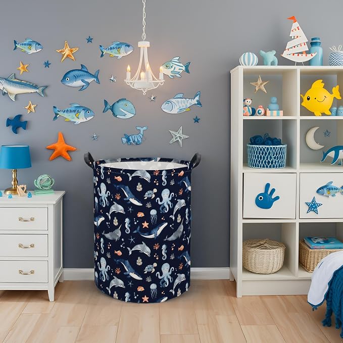 HIYAGON Ocean Baby Laundry Basket Baby Hamper for Nursery Girl Kids Soccer Hamper Cute Kids Toys Storage Bin Organizer Ocean Room Decor for Home(Blue Ocean) - Image 4