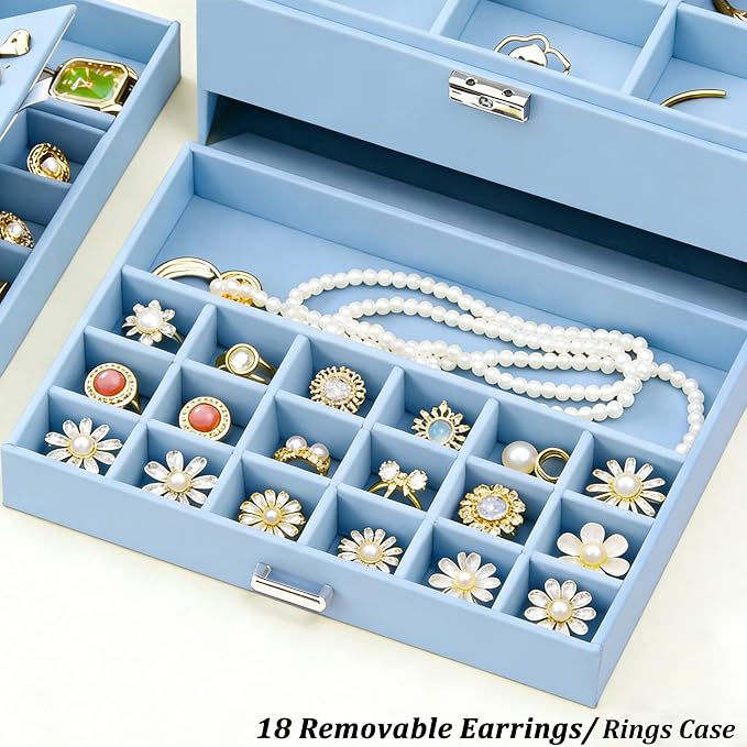 QBestry 3-Layer Jewelry Box for Girls & Teens with Lock and Key, Large Jewelry Organizer with 8 Necklace Hooks & 56 Earring Holes, Blue Velvet Jewelry Storage Box for Necklaces Earrings Rings Bracelet - Image 6