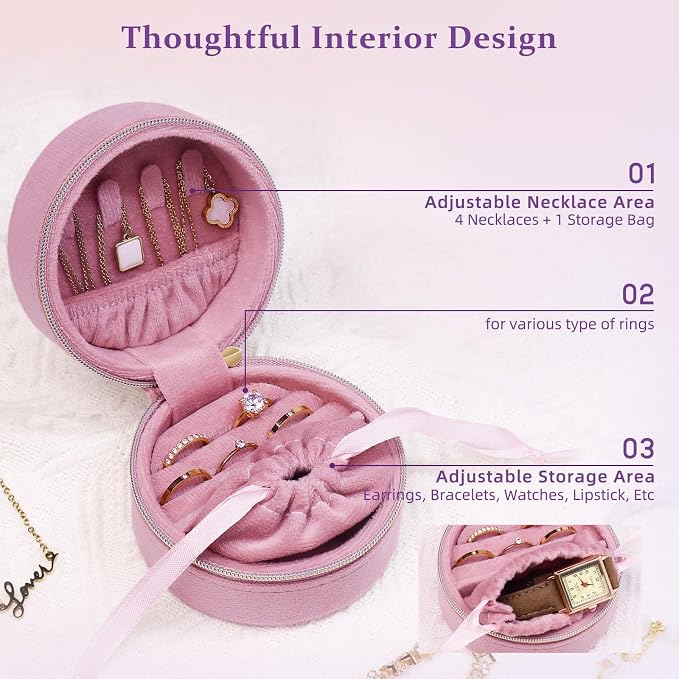 CONBOLA Travel Jewelry Case Small Jewelry Box for Women Girls,Round Velvet Mini Jewelry Travel Organizer,Portable Jewelry Box for Rings Earrings Necklaces Bracelets.(Pink,Small) - Image 3