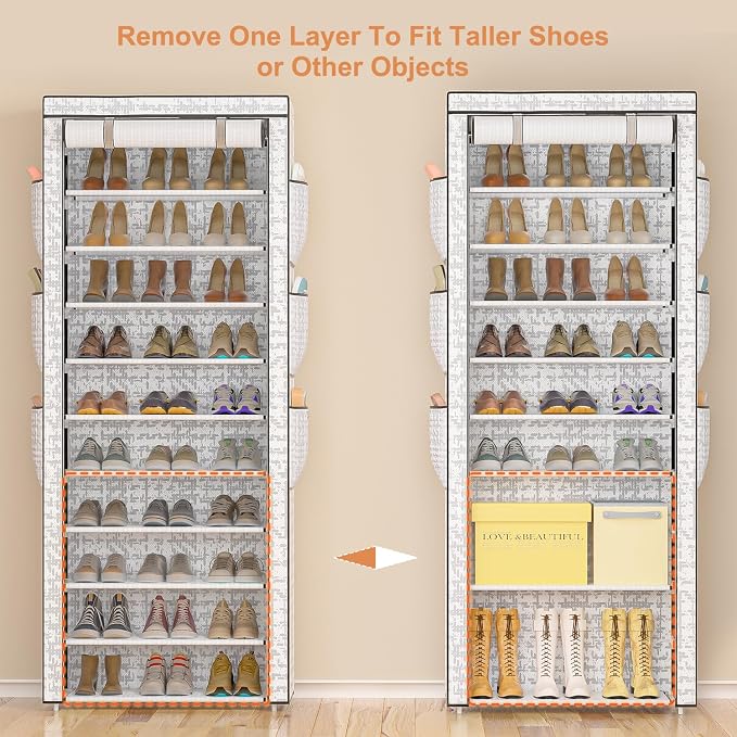 OYREL Shoes Rack 10 Tier Tall Shoe Rack with Storage Pockets, Fabric Covered Shoe Racks,Metal Shoes Rack Organizer for Closets,Bedroom, Garage - Image 9
