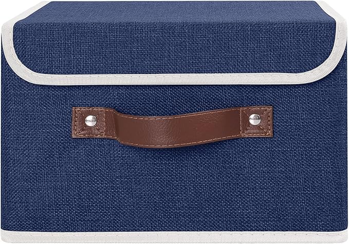 ANMINY Storage Bin with Lid Storage Boxes with PU Leather Handles PP Plastic Board Decorative Foldable Lidded Cotton Linen Fabric Home Cubes Baskets Closet Organizer Container - Blue, Small Size - Image 2