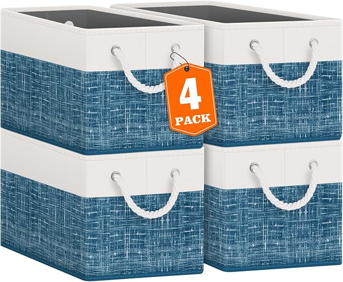Fab totes Storage Bins [4-Pack], Foldable Storage Baskets for Organizing Toys, Books, Shelves, Closet, Large Storage Box with Rope Handles, Sturdy Organizer Bins, White & Blue by Fabtotes